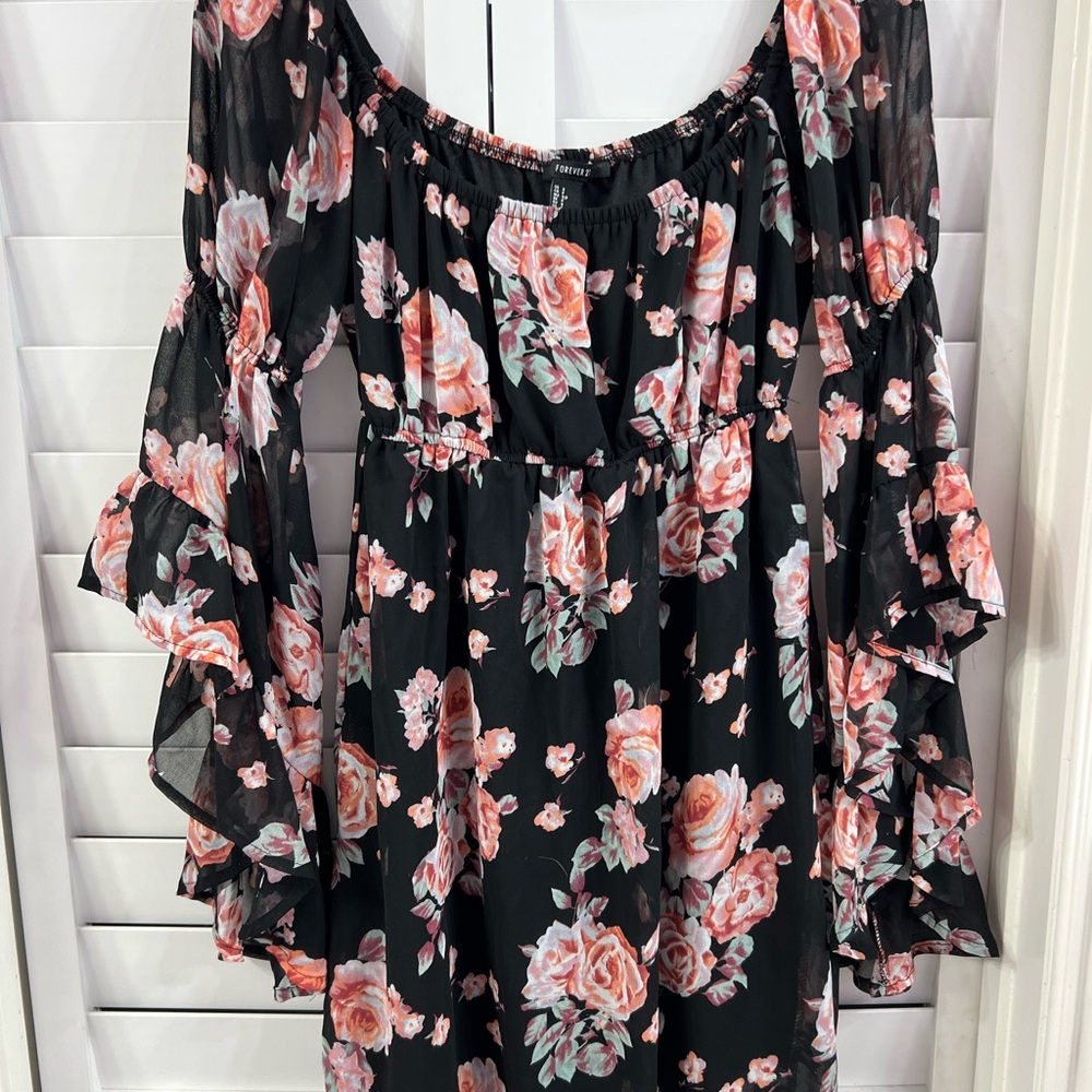 Forever 21 Black Floral Off-Shoulder Dress with Peach and Pink Roses